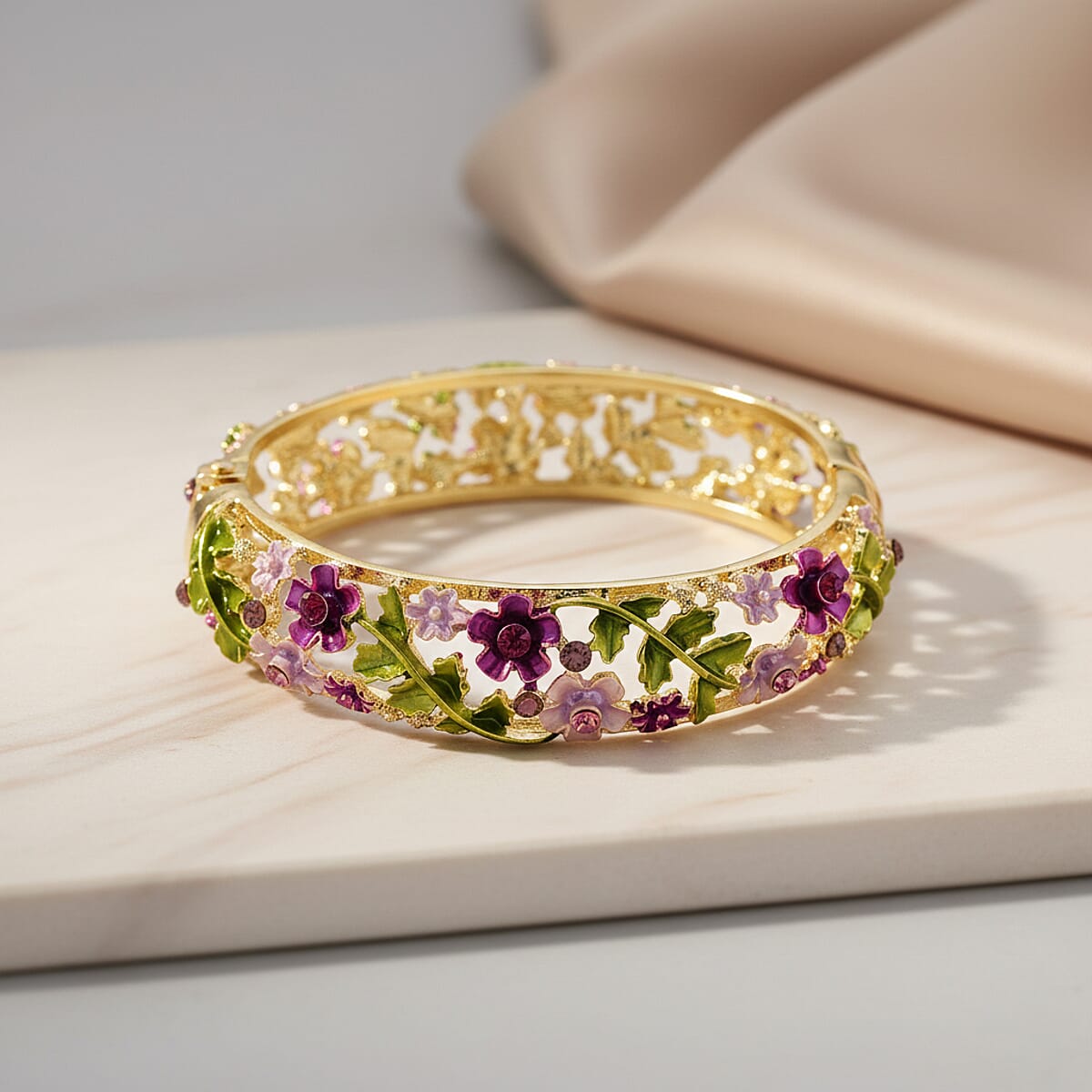 Purple and Pink Austrian Crystal, Multi Color Enameled Floral Bangle Bracelet in Goldtone (7-7.5In)   image number 1