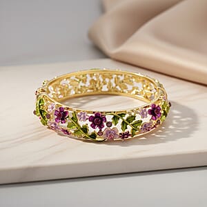 Purple and Pink Austrian Crystal, Multi Color Enameled Floral Bangle Bracelet in Goldtone (7-7.5In)  
