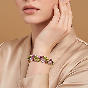 Purple and Pink Austrian Crystal, Multi Color Enameled Floral Bangle Bracelet in Goldtone (7-7.5In)  