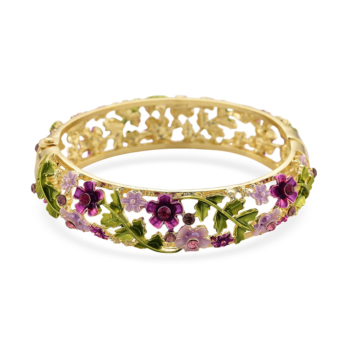 Purple and Pink Austrian Crystal, Multi Color Enameled Floral Bangle Bracelet in Goldtone (7-7.5In)   image number 3