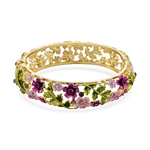 Purple and Pink Austrian Crystal, Multi Color Enameled Floral Bangle Bracelet in Goldtone (7-7.5In)  