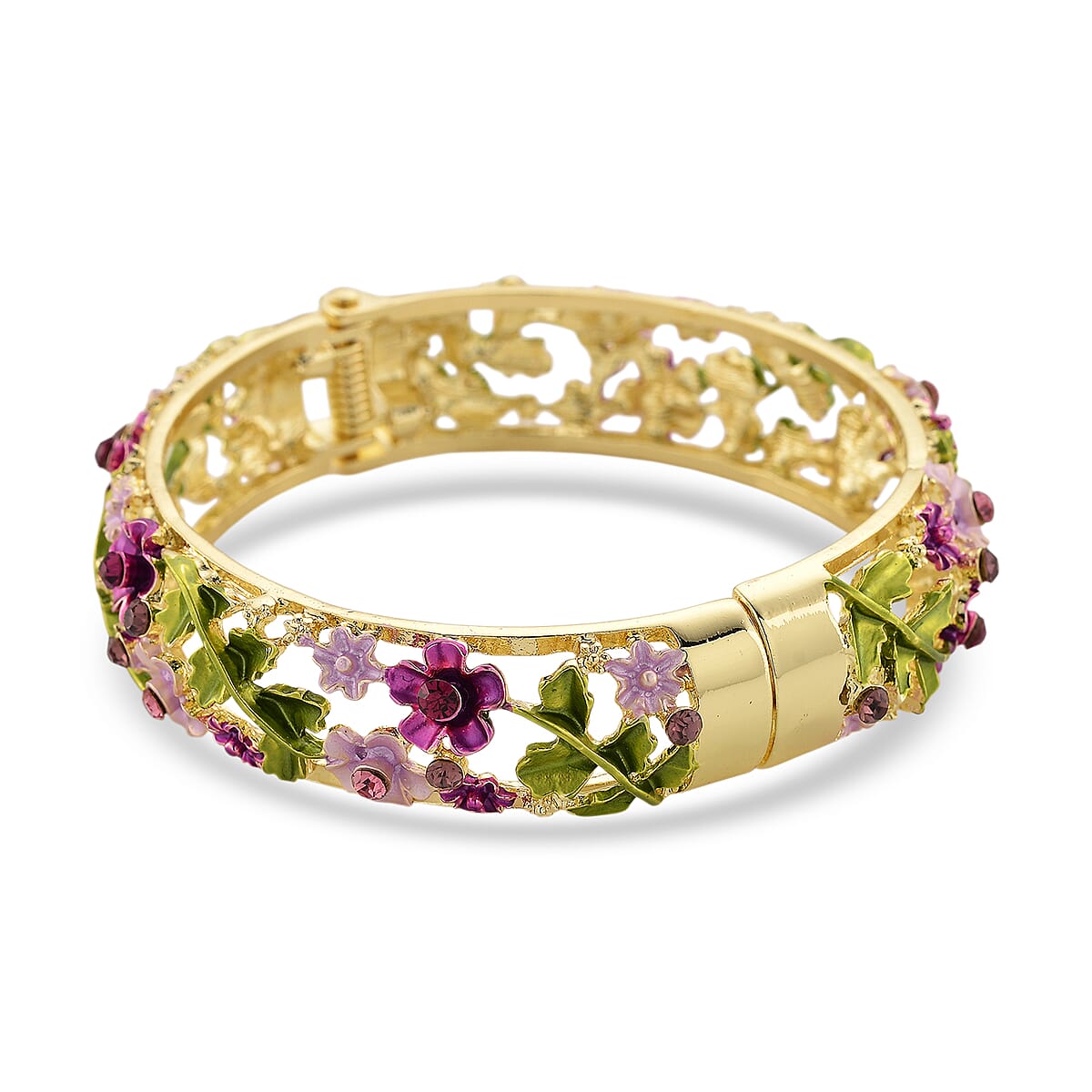 Purple and Pink Austrian Crystal, Multi Color Enameled Floral Bangle Bracelet in Goldtone (7-7.5In)   image number 4