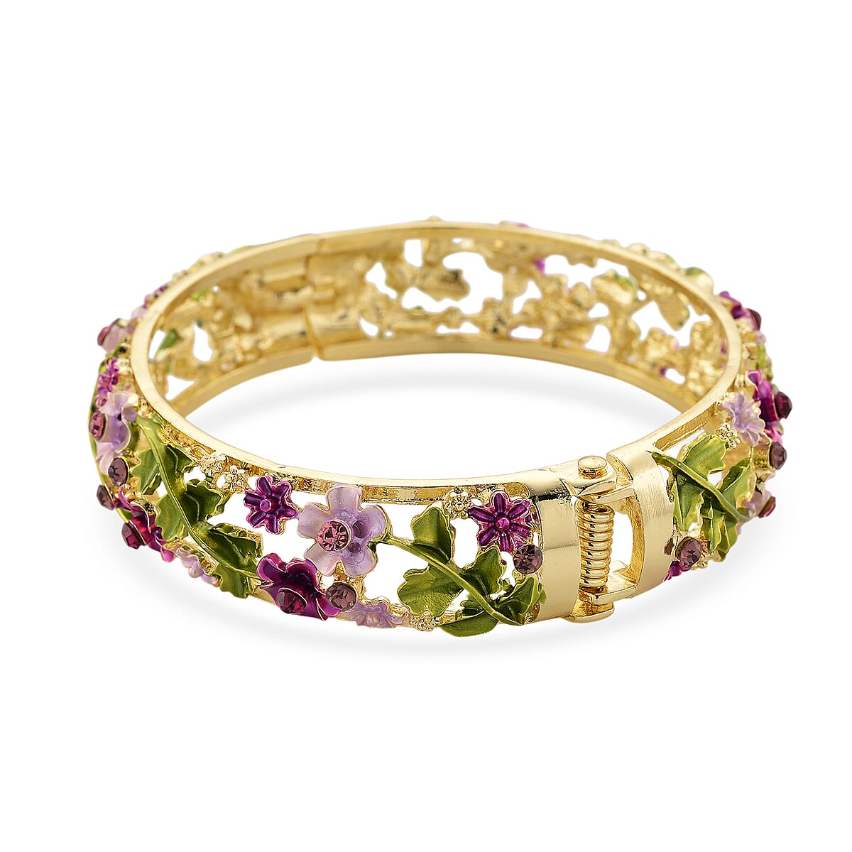 Purple and Pink Austrian Crystal, Multi Color Enameled Floral Bangle Bracelet in Goldtone (7-7.5In)   image number 5