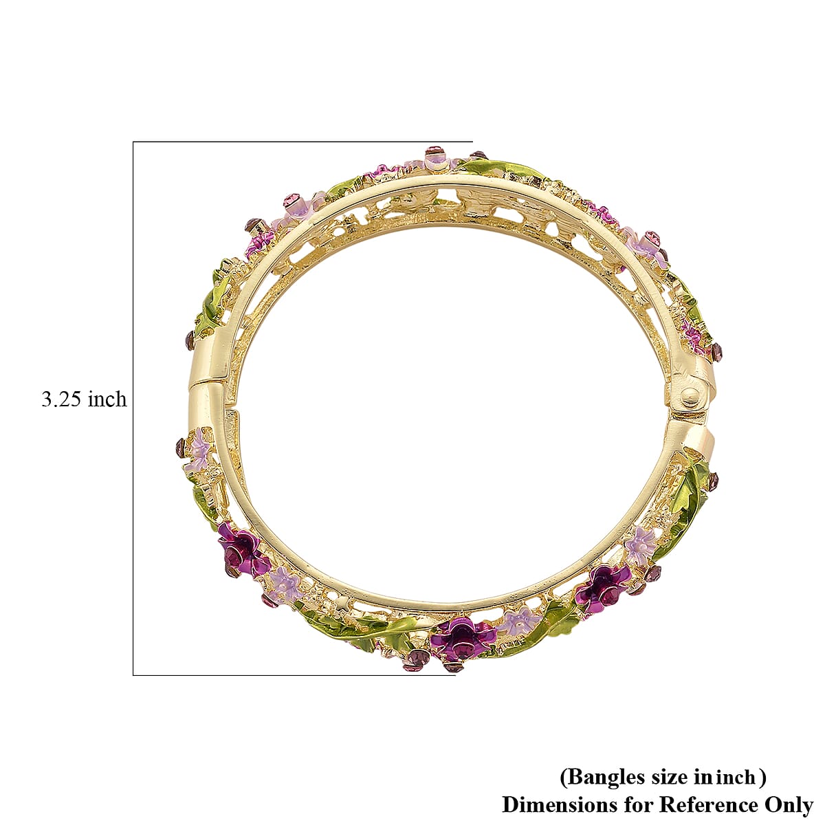 Purple and Pink Austrian Crystal, Multi Color Enameled Floral Bangle Bracelet in Goldtone (7-7.5In)   image number 6