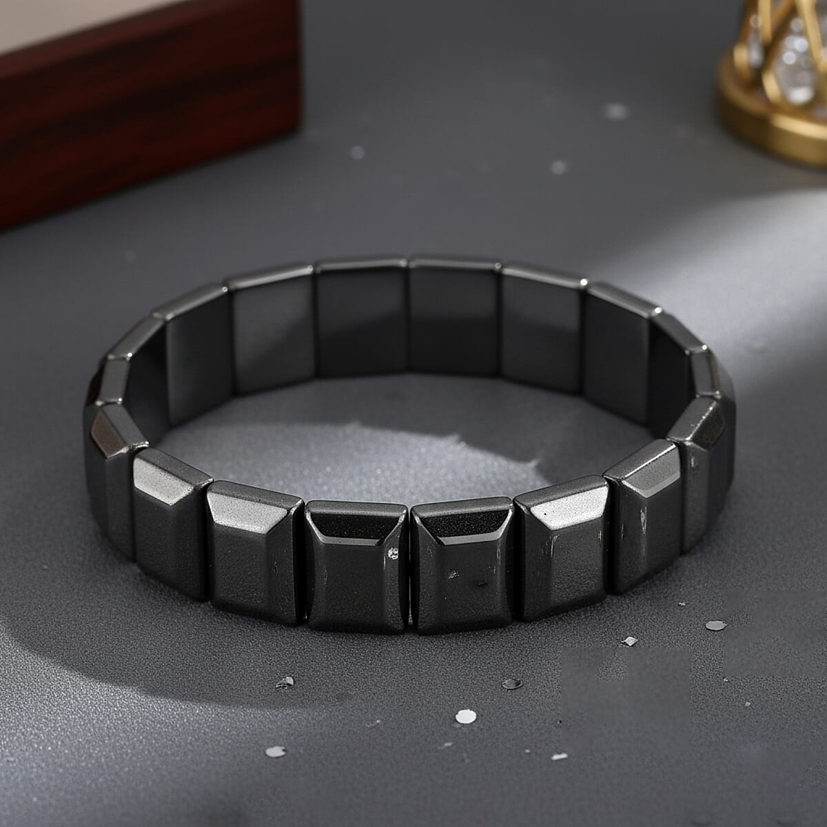 Black Color Hematite 360.00 ctw Block Stretch Men's Bracelet (8-8.5In) image number 1
