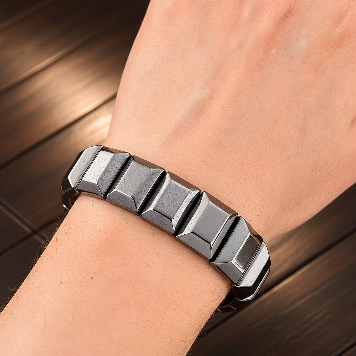 Black Color Hematite 360.00 ctw Block Stretch Men's Bracelet (8-8.5In) image number 2
