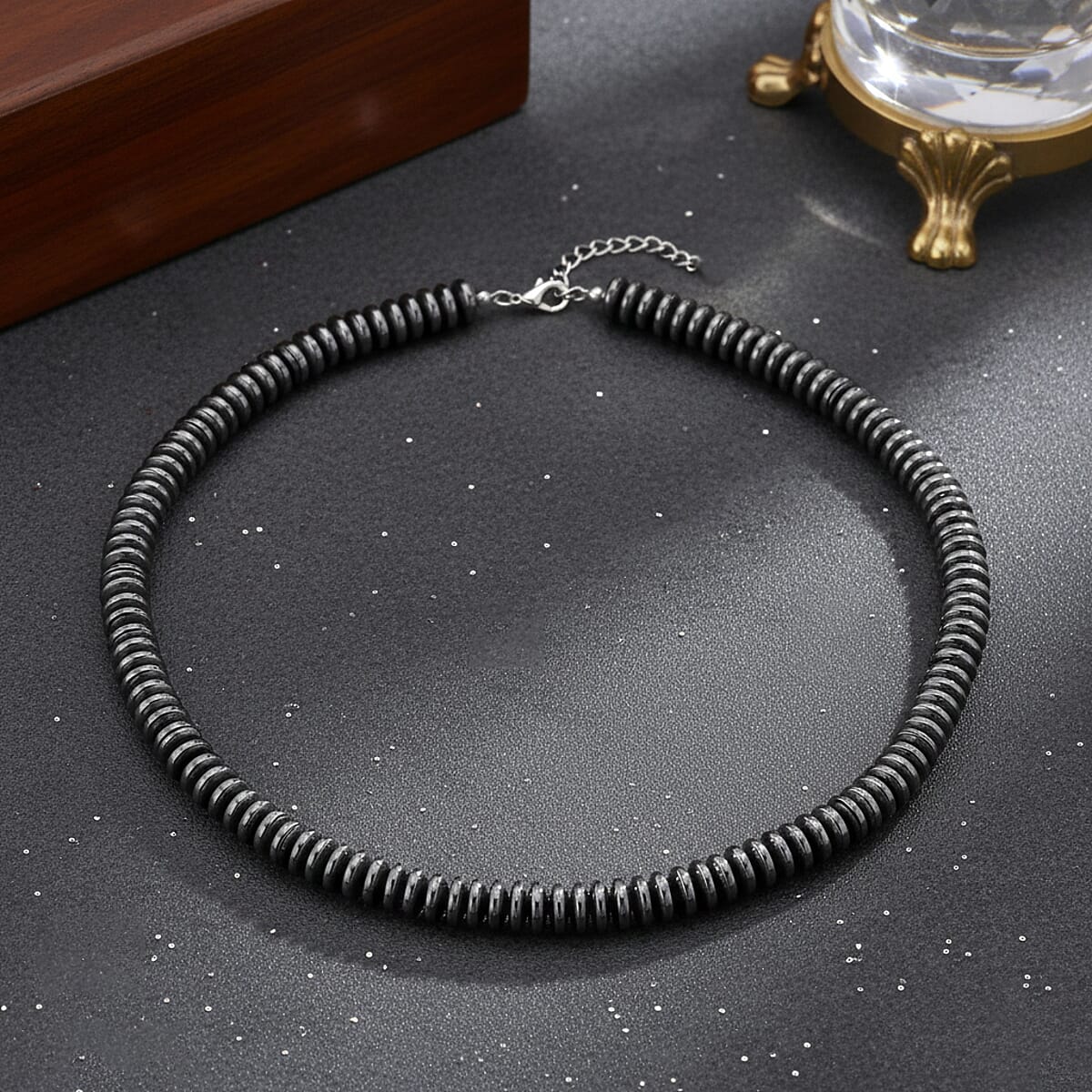 Black Plated Hematite 689.00 ctw Roundel Beaded Necklace in Silvertone 21.25-23.25 Inches image number 1