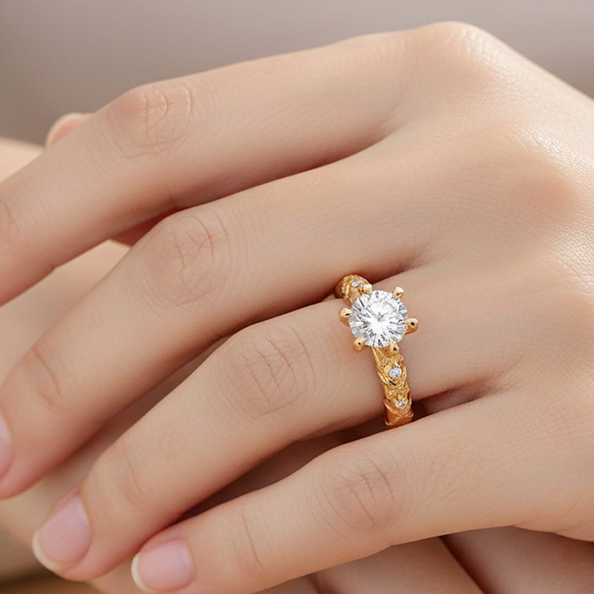 Doorbuster Luxuriant Lab Grown Diamond E-F VS 1.10 ctw Designer Celebrity Elegance Ring in 24K Yellow Gold (Size 6.0) (Del. in 10-12 Days) image number 2