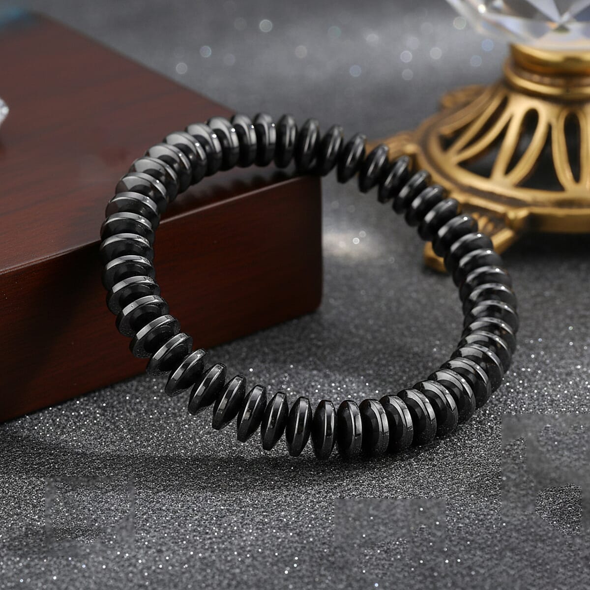 Black Hematite 257.00 ctw Roundel Beaded Stretch Bracelet (6.75-7.25in) image number 1