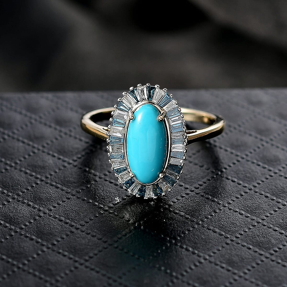 AAA Sleeping Beauty Turquoise, Luxuriant Lab Grown Blue and White Diamond E-F VS 2.40 ctw Stargate Majesty Ring in 10K Yellow Gold (Size 10.0) image number 1