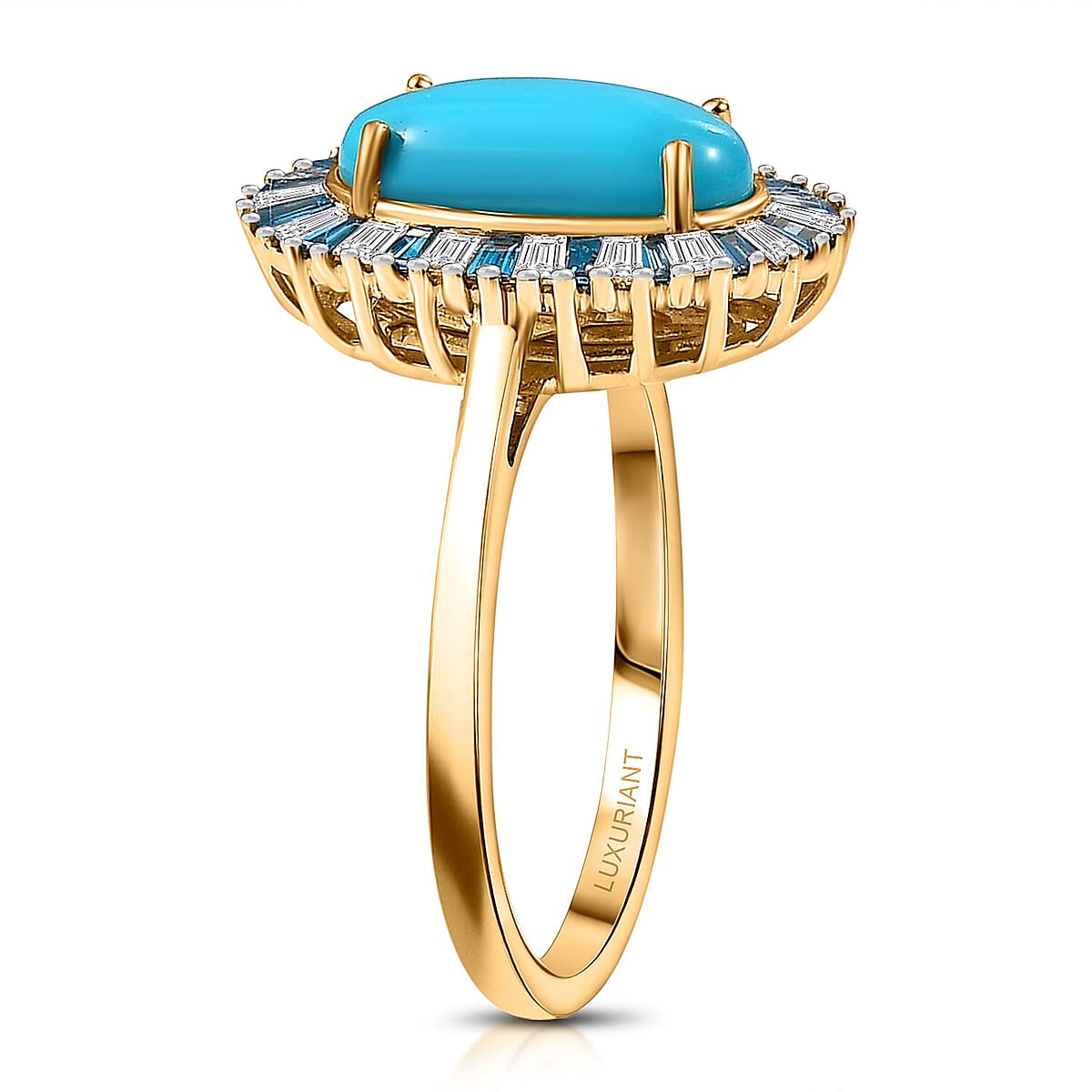 AAA Sleeping Beauty Turquoise, Luxuriant Lab Grown Blue and White Diamond E-F VS 2.40 ctw Stargate Majesty Ring in 10K Yellow Gold (Size 10.0) image number 3