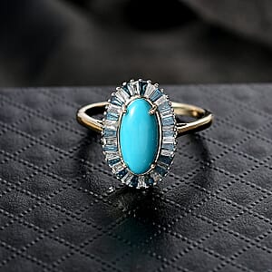  AAA Sleeping Beauty Turquoise, Lab Grown Blue and White Diamond Stargate Ring in 10K Yellow Gold 2.40 ctw (Size 5.5)
