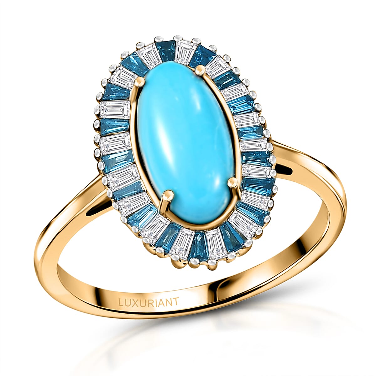 AAA Sleeping Beauty Turquoise, Luxuriant Lab Grown Blue and White Diamond E-F VS 2.40 ctw Stargate Majesty Ring in 10K Yellow Gold (Size 6.0) (Del. in 12-15 Days)  image number 0