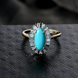  AAA Sleeping Beauty Turquoise, Lab Grown Blue and White Diamond Stargate Ring in 10K Yellow Gold 2.40 ctw (Size 6.0)