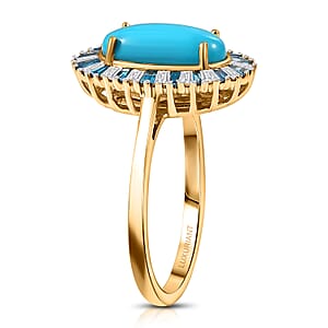  AAA Sleeping Beauty Turquoise, Lab Grown Blue and White Diamond Stargate Ring in 10K Yellow Gold 2.40 ctw (Size 6.0)