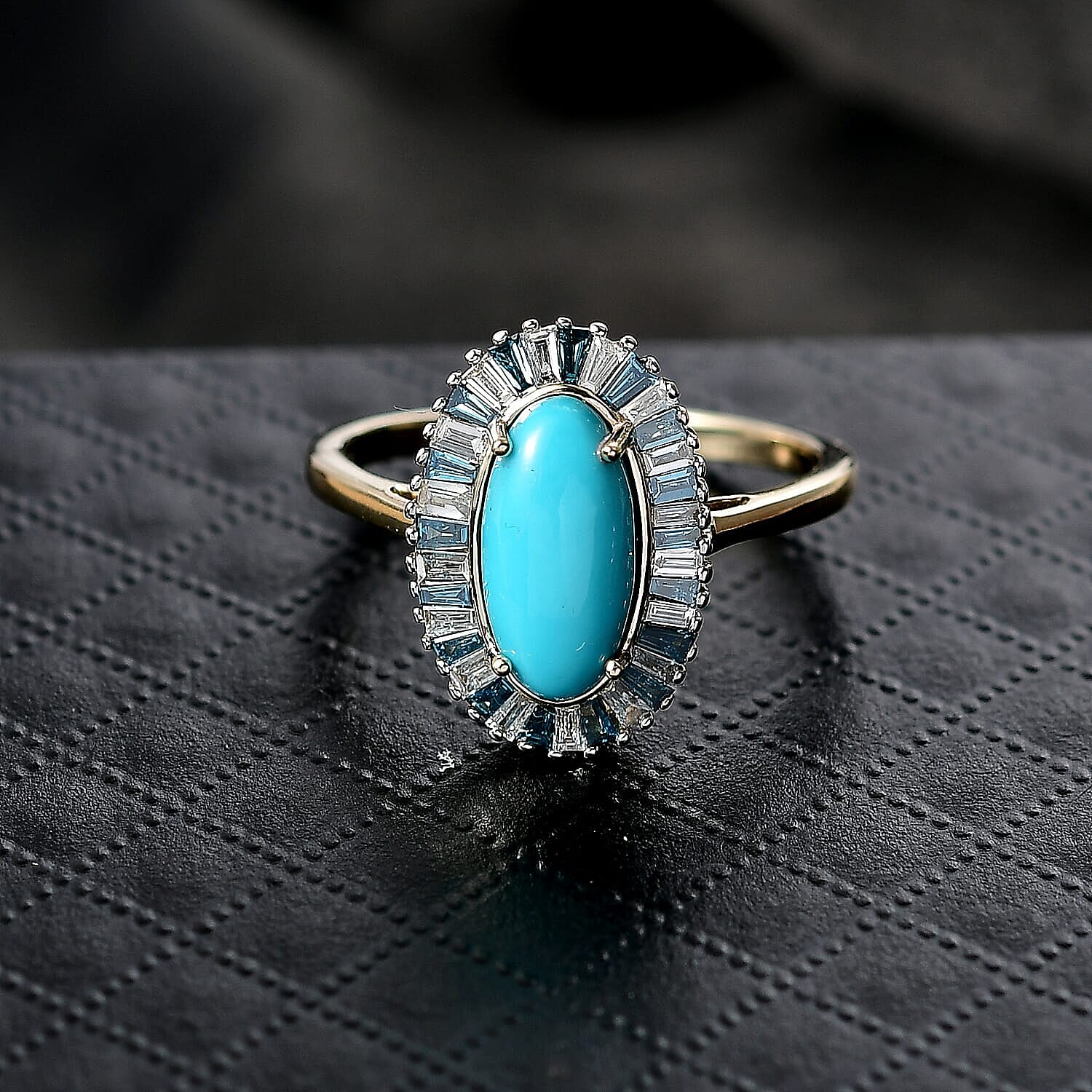 AAA Sleeping Beauty Turquoise, Lab Grown Blue and White Diamond Stargate Ring in 10K Yellow Gold 2.40 ctw (Size 6.5)