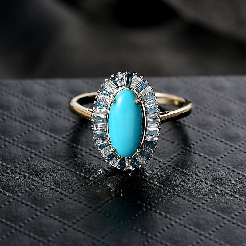 AAA Sleeping Beauty Turquoise, Lab Grown Blue and White Diamond Stargate Ring in 10K Yellow Gold 2.40 ctw (Size 6.5)