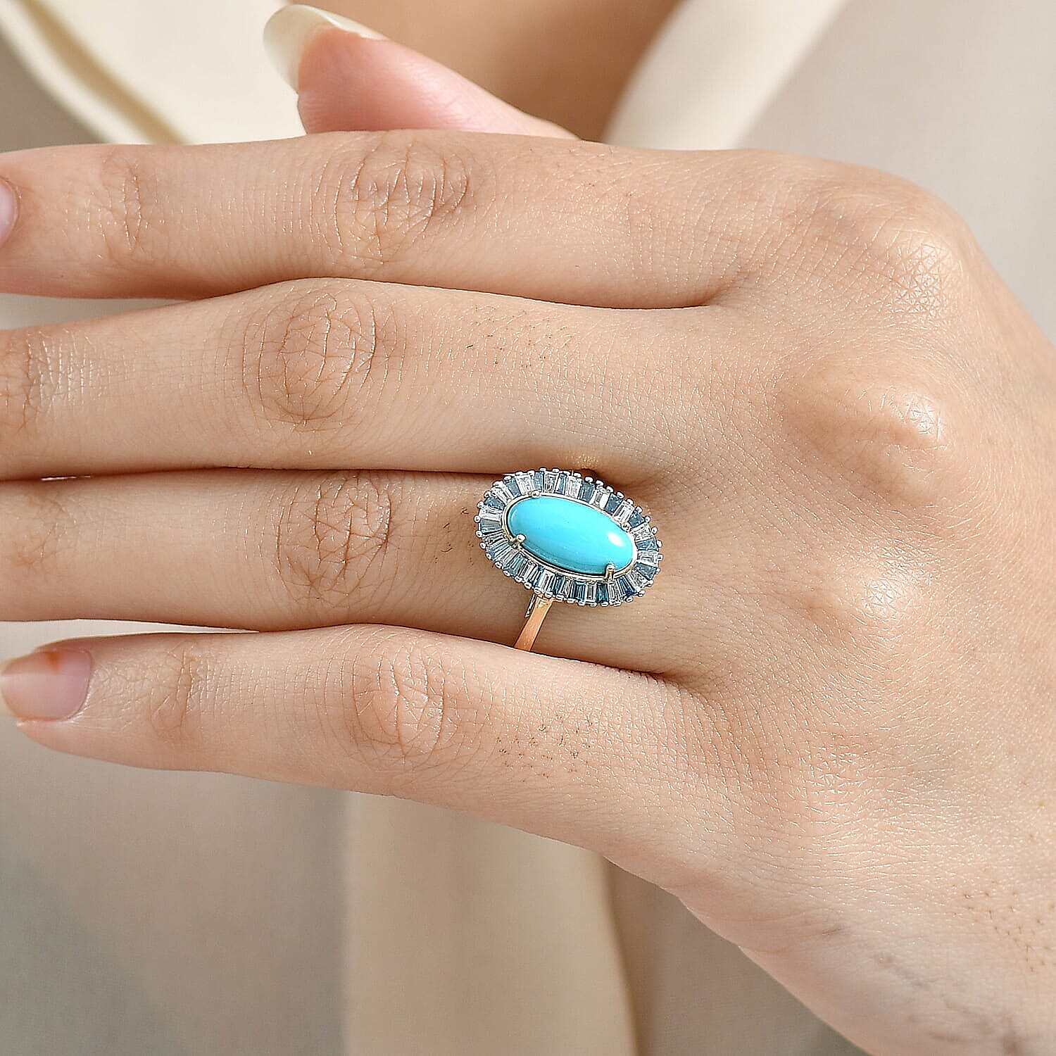 AAA Sleeping Beauty Turquoise, Lab Grown Blue and White Diamond Stargate Ring in 10K Yellow Gold 2.40 ctw (Size 6.5)