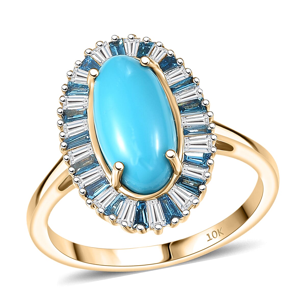  AAA Sleeping Beauty Turquoise, Lab Grown Blue and White Diamond Stargate Ring in 10K Yellow Gold 2.40 ctw (Size 7.0) image number 0