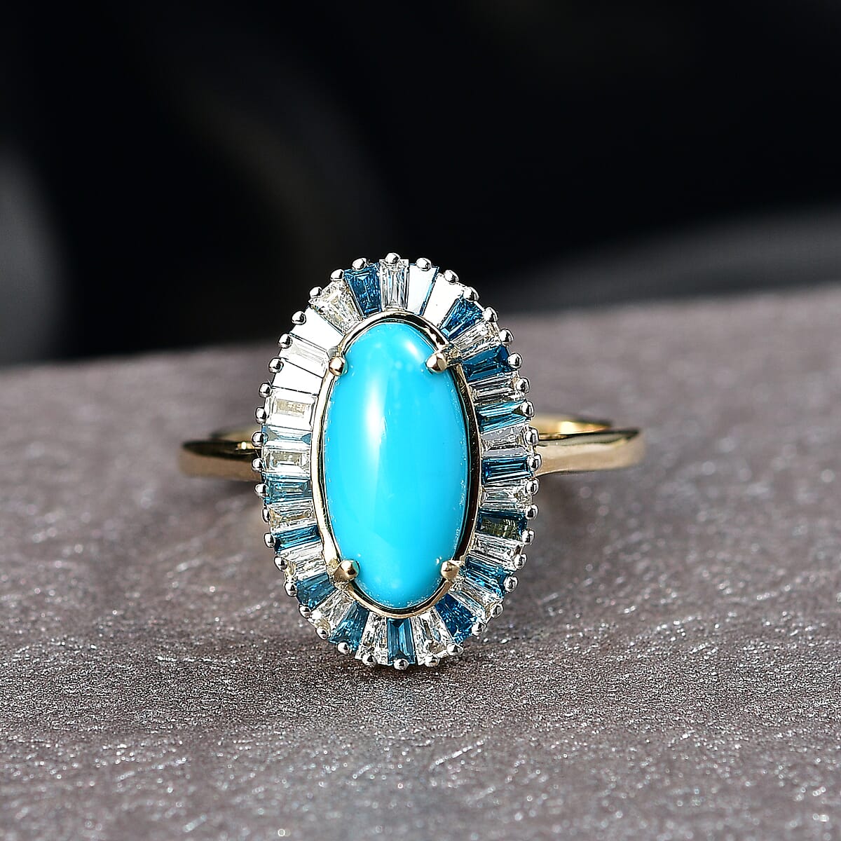  AAA Sleeping Beauty Turquoise, Lab Grown Blue and White Diamond Stargate Ring in 10K Yellow Gold 2.40 ctw (Size 7.0) image number 1