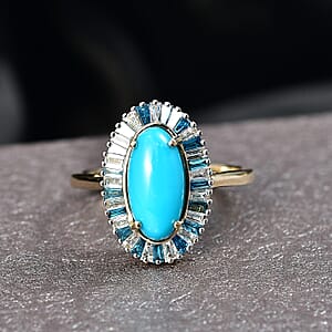  AAA Sleeping Beauty Turquoise, Lab Grown Blue and White Diamond Stargate Ring in 10K Yellow Gold 2.40 ctw (Size 7.0)
