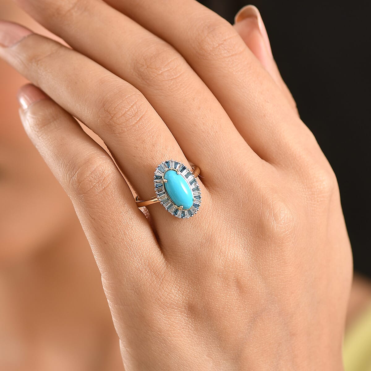  AAA Sleeping Beauty Turquoise, Lab Grown Blue and White Diamond Stargate Ring in 10K Yellow Gold 2.40 ctw (Size 7.0) image number 2
