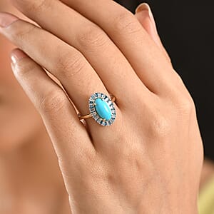  AAA Sleeping Beauty Turquoise, Lab Grown Blue and White Diamond Stargate Ring in 10K Yellow Gold 2.40 ctw (Size 7.0)