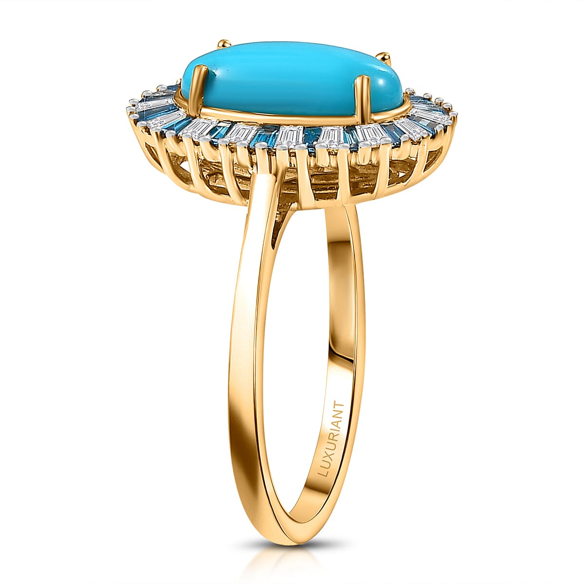 AAA Sleeping Beauty Turquoise, Luxuriant Lab Grown Blue and White Diamond E-F VS 2.40 ctw Stargate Majesty Ring in 10K Yellow Gold (Size 8.0) image number 3