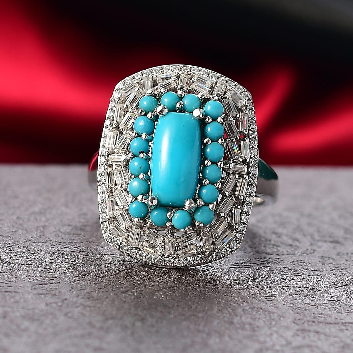 D'Joy Premium Sleeping Beauty Turquoise and Moissanite 3.25 ctw Starry Empress Ring in Rhodium Over Sterling Silver (Size 10.0) (Del. in 7-10 Days)  image number 1