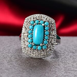D'Joy Sleeping Beauty Turquoise, Moissanite Empress Ring in Rhodium Over Sterling Silver 3.25 ctw (Size 6.0)