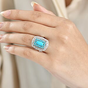 D'Joy Sleeping Beauty Turquoise, Moissanite Empress Ring in Rhodium Over Sterling Silver 3.25 ctw (Size 6.0)