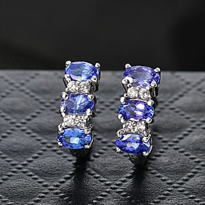 D'Joy AAA Tanzanite, White Zircon J-Hoop Earrings in Rhodium Over Sterling Silver 1.65 ctw