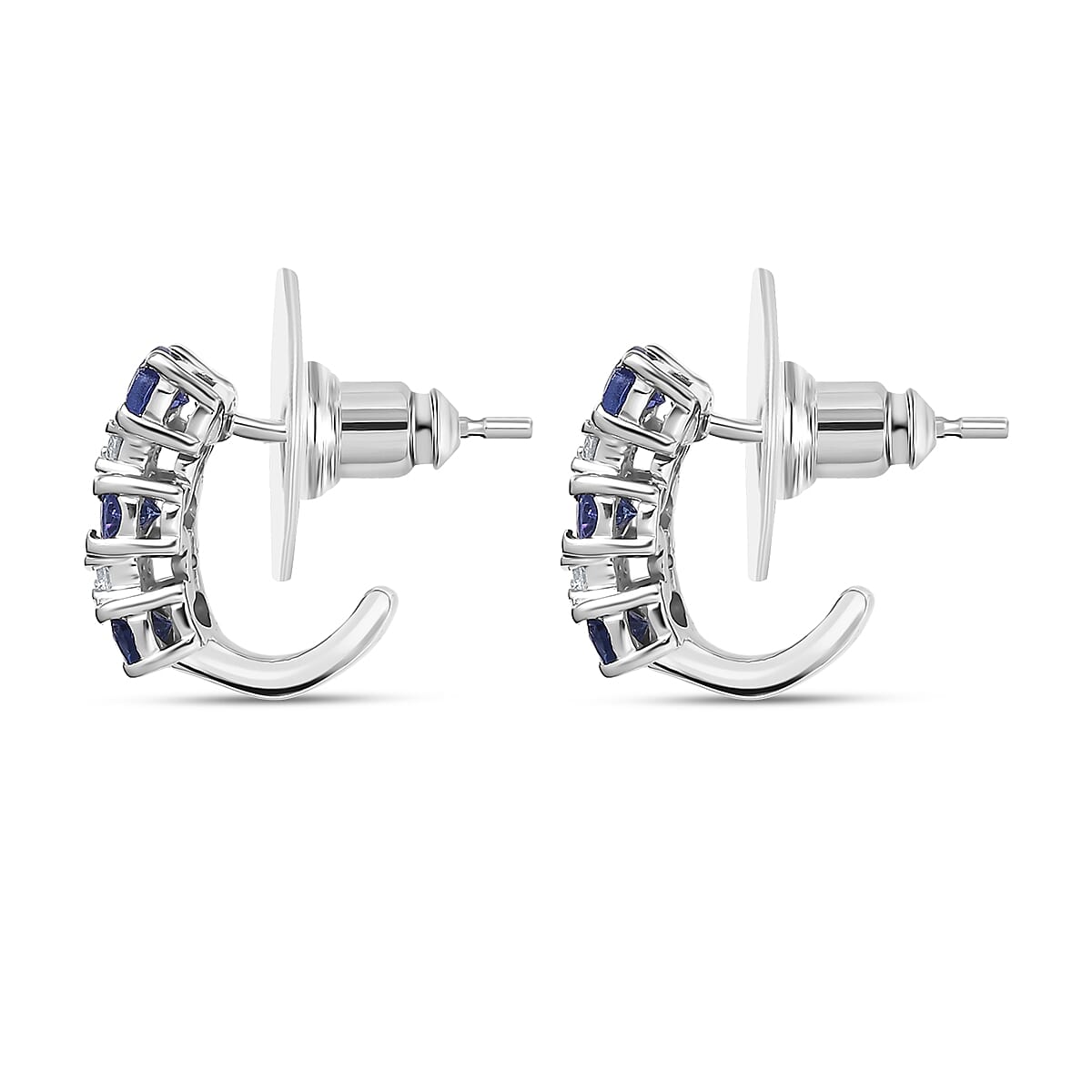 D'Joy AAA Tanzanite, White Zircon J-Hoop Earrings in Rhodium Over Sterling Silver 1.65 ctw