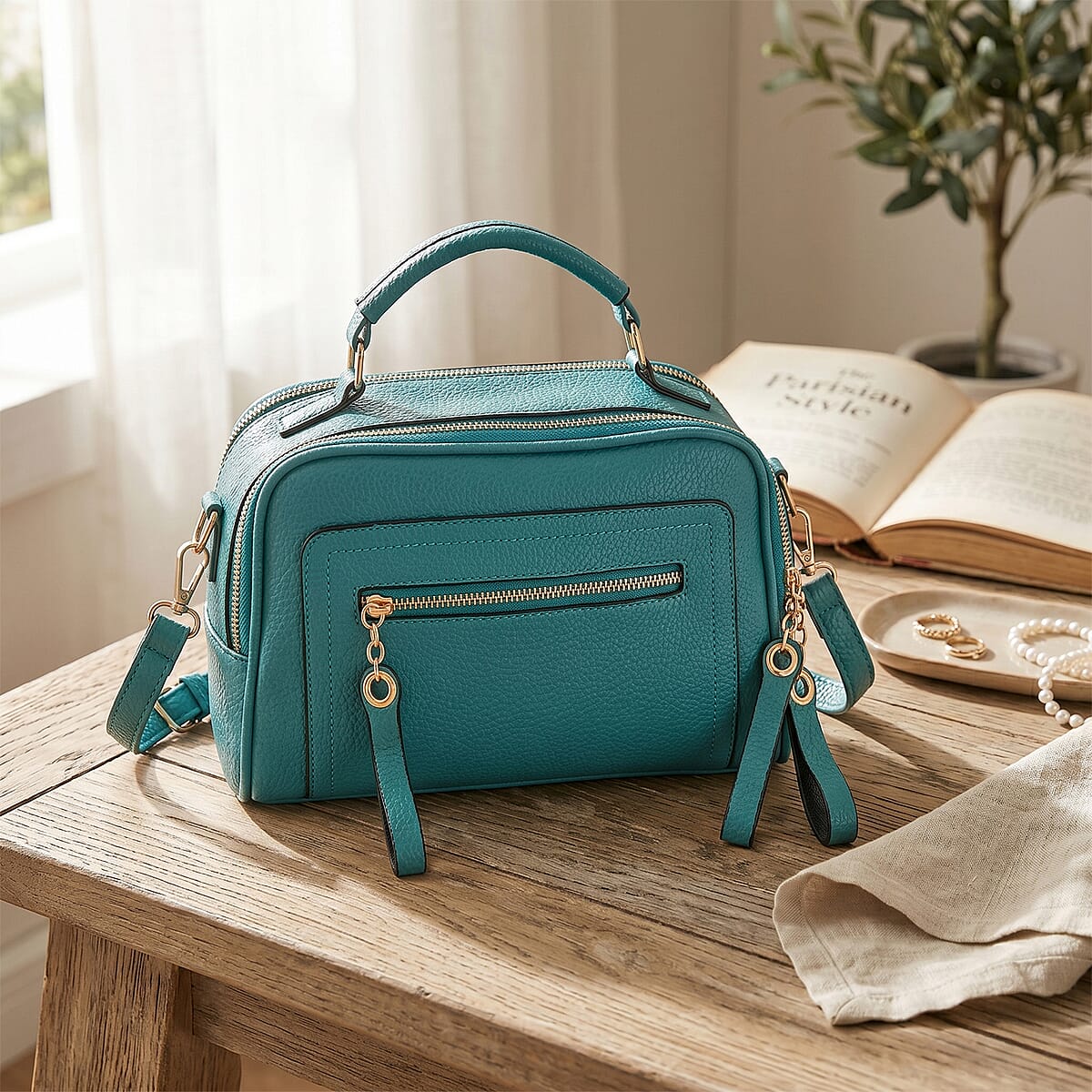 La Marey Teal Faux Leather Crossbody Bag image number 1