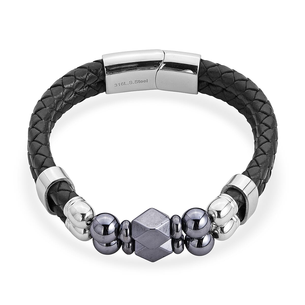 Terahertz Beaded Leather Bracelet in Stainless Steel (7.50 In) 75.00 ctw image number 0