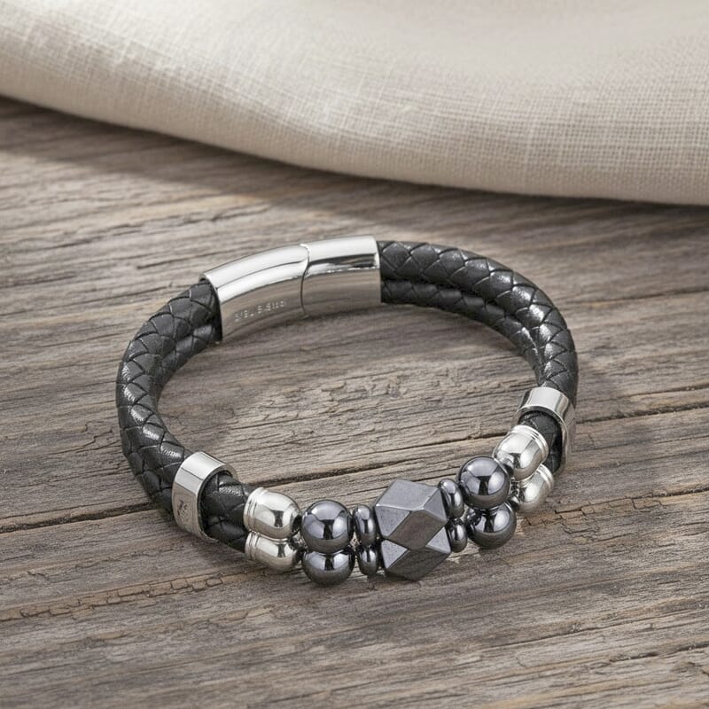 Terahertz Beaded Leather Bracelet in Stainless Steel 75.00 ctw (7.50 Inches)
