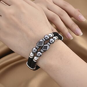 Terahertz Beaded Leather Bracelet in Stainless Steel 75.00 ctw (7.50 Inches)
