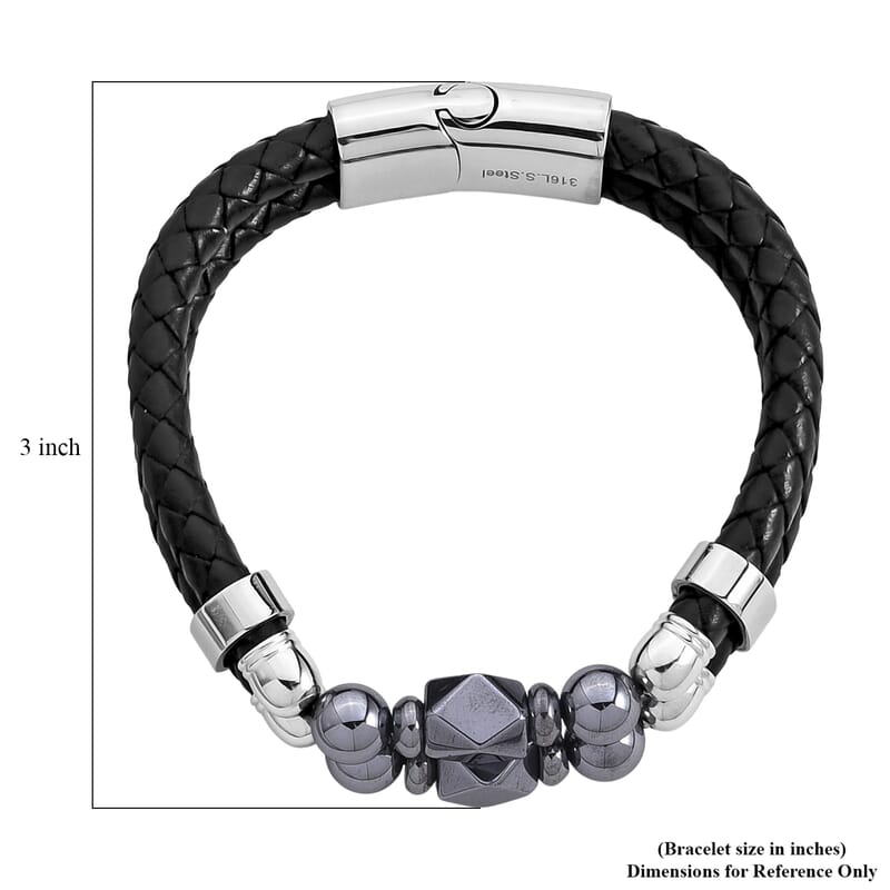 Terahertz Beaded Leather Bracelet in Stainless Steel 75.00 ctw (7.50 Inches)