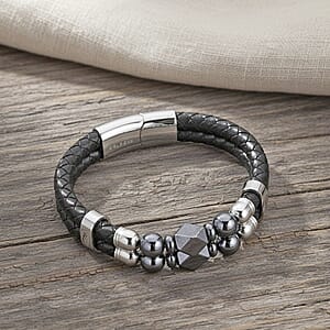 Terahertz 75.00 ctw Beaded Leather Bracelet in Stainless Steel (8.00 In)