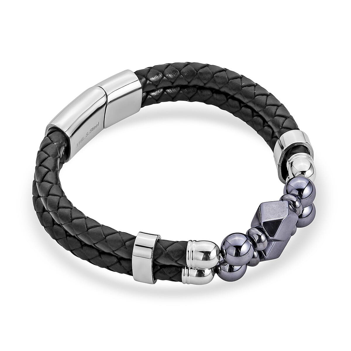 Terahertz 75.00 ctw Beaded Leather Bracelet in Stainless Steel (8.00 In) image number 3