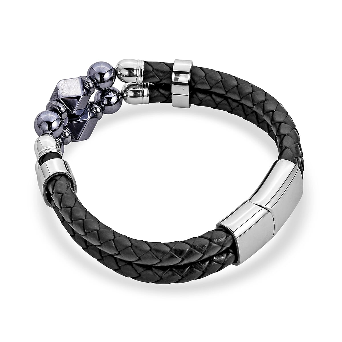 Terahertz 75.00 ctw Beaded Leather Bracelet in Stainless Steel (8.00 In) image number 4