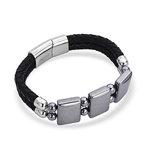 Terahertz Beaded Leather Bracelet in Stainless Steel 75.00 ctw (7.50 Inches)