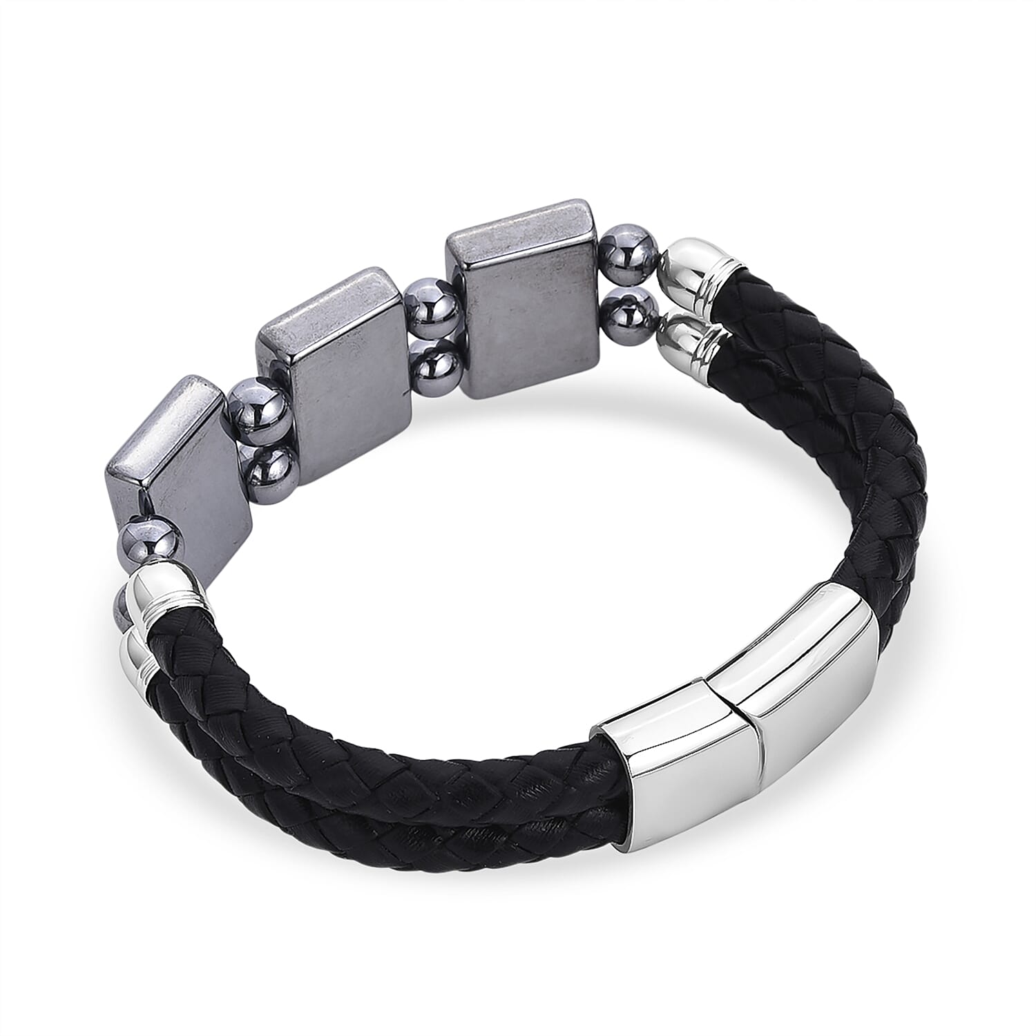 Terahertz Beaded Leather Bracelet in Stainless Steel 75.00 ctw (7.50 Inches)