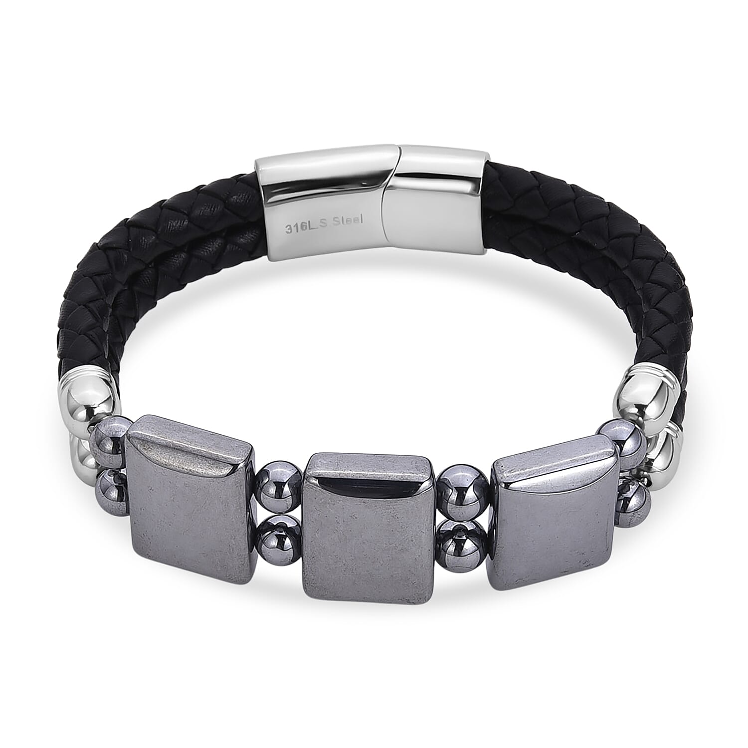 Doorbuster Terahertz Beaded Leather Bracelet in Stainless Steel (7.50 In) 75.00 ctw