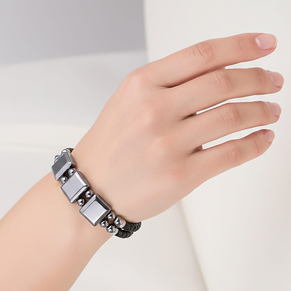 Terahertz Beaded Leather Bracelet in Stainless Steel 75.00 ctw (8.00 Inches) image number 2