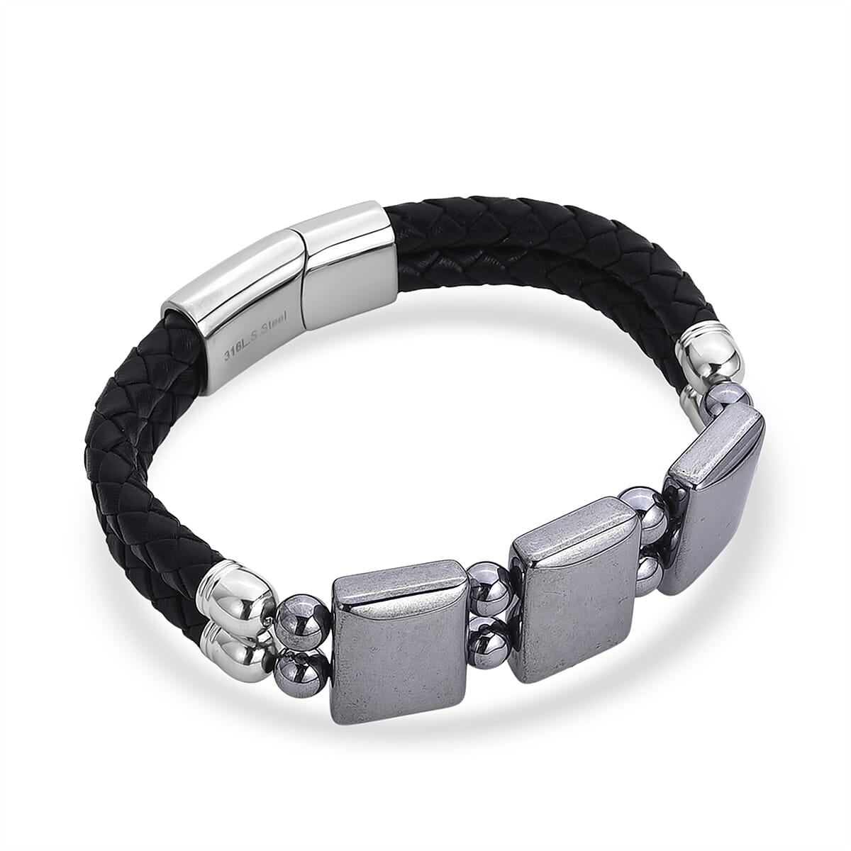 Terahertz Beaded Leather Bracelet in Stainless Steel 75.00 ctw (8.00 Inches) image number 3