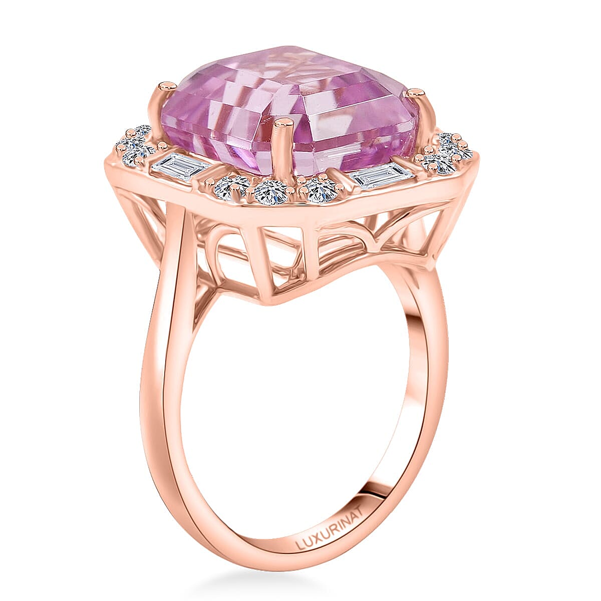 Certified & Appraised AAA Martha Rocha Kunzite, Luxuriant Lab Grown Diamond E-F VS 15.00 ctw Ring in 10K Rose Gold (Size 7.0) 5.33 Grams image number 3