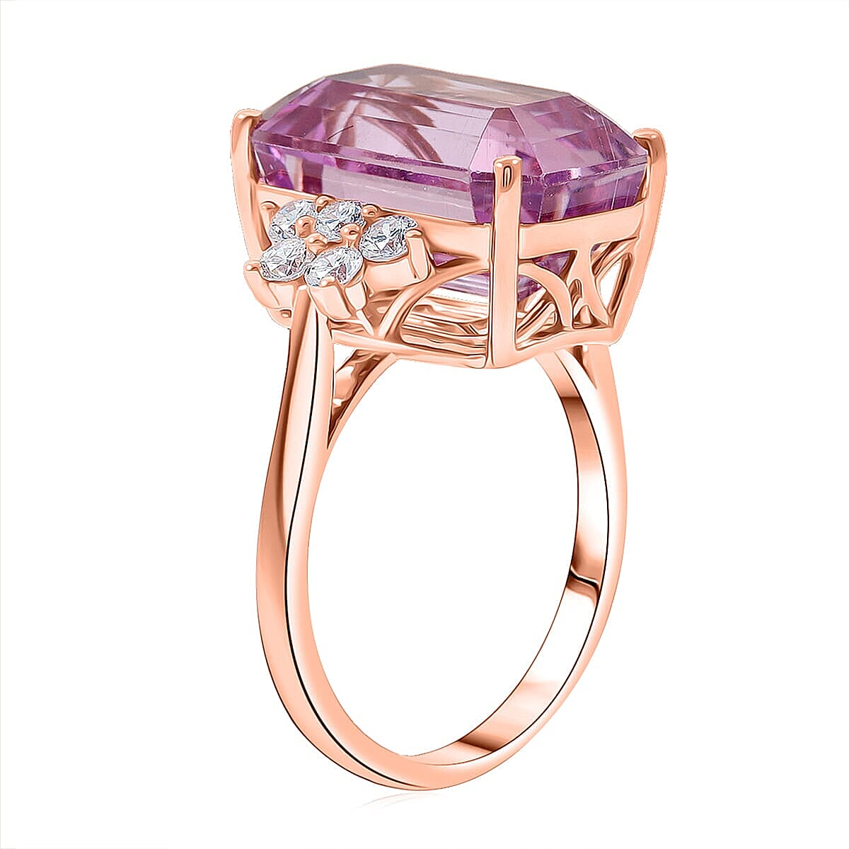 Certified & Appraised 10K Rose Gold AAA Martha Rocha Kunzite, Luxuriant Lab Grown Diamond (E-F, VS) (0.57 cts) Ring (Size 7.5) 10.00 ctw image number 3