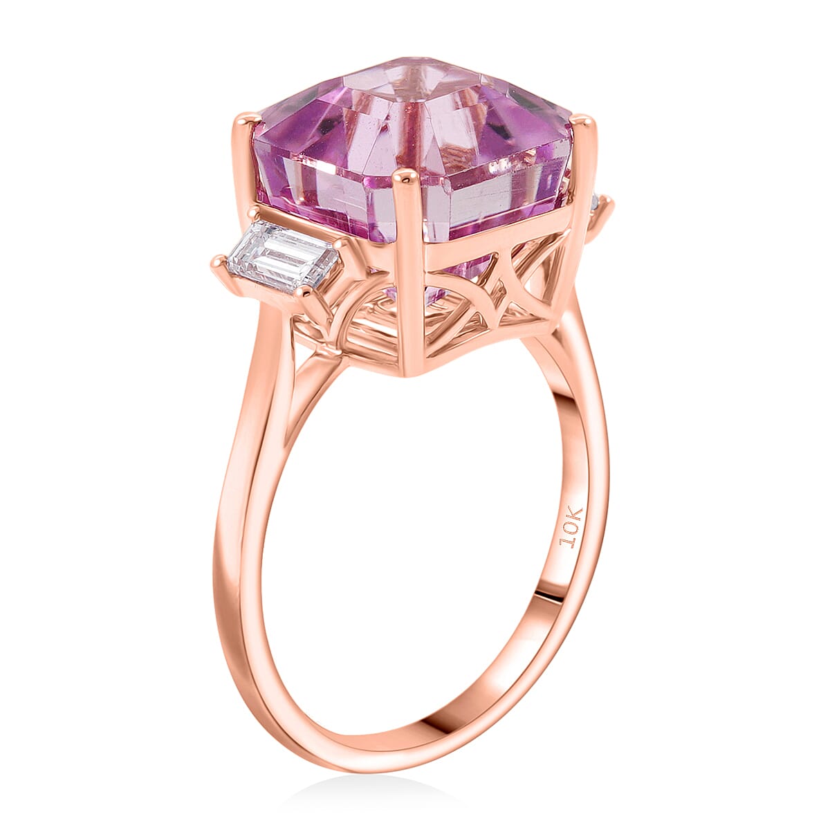Certified & Appraised 10K RG AAA Martha Rocha Kunzite and Luxuriant Lab Grown Diamond E-F VS 10.00 ctw Ring image number 3
