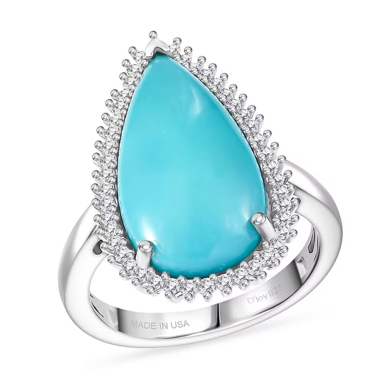 D'Joy Premium Sleeping Beauty Turquoise, Diamond (0.27 cts) Ring in Rhodium Over Sterling Silver (Size 6.0) 5.65 ctw
